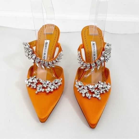 Manolo Blahnik Shoes - Manolo Blahnik Orange Lurum Crystal Satin Mules Heel